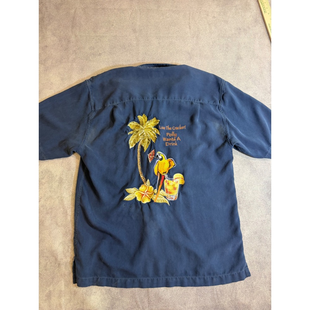 Luau Limited Edition Silk Parrot Camp Shirt Mens Medium Blue Short Sleeve